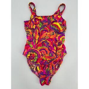 Vintage Backflips Girl's One Piece Swimsuit Sz 16 (L) Neon Pink Red Green Gold
